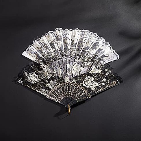 ايبور 10 قطع من مراوح قماشية قابلة للطي، مراوح يدوية قابلة للطي، مروحة صينية انيقة عتيقة بتصميم زهور وردية ودانتيل يدوية للنساء (ابيض، اسود) in Kuwait