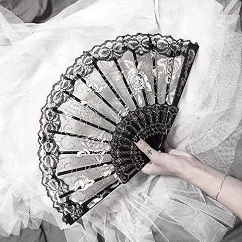 ايبور 10 قطع من مراوح قماشية قابلة للطي، مراوح يدوية قابلة للطي، مروحة صينية انيقة عتيقة بتصميم زهور وردية ودانتيل يدوية للنساء (ابيض، اسود) in Kuwait