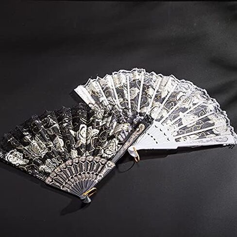 ايبور 10 قطع من مراوح قماشية قابلة للطي، مراوح يدوية قابلة للطي، مروحة صينية انيقة عتيقة بتصميم زهور وردية ودانتيل يدوية للنساء (ابيض، اسود) in Kuwait