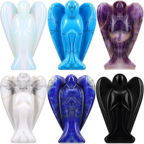 Hicarer 6 Pcs New Year Crystal Angel Figurines Set, Guardian Angel Statue Gift, 1.5 Inch Mini Gemstone Angel Moonstone Carved Pocket for Love, Peace, Healing, Meditation in Saudi Arabia