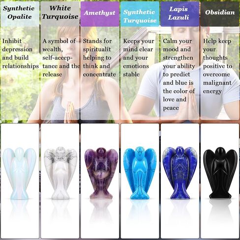 Hicarer 6 Pcs New Year Crystal Angel Figurines Set, Guardian Angel Statue Gift, 1.5 Inch Mini Gemstone Angel Moonstone Carved Pocket for Love, Peace, Healing, Meditation in Saudi Arabia