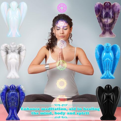 Hicarer 6 Pcs New Year Crystal Angel Figurines Set, Guardian Angel Statue Gift, 1.5 Inch Mini Gemstone Angel Moonstone Carved Pocket for Love, Peace, Healing, Meditation in Saudi Arabia