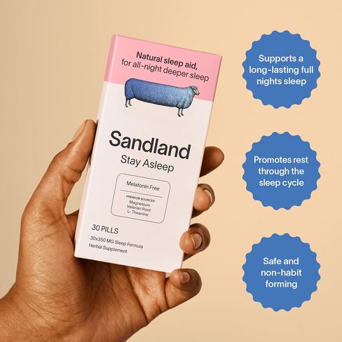 Sandland Stay Asleep، مكمل طبيعي للنوم اليومي، 30 حبة، مغنيسيوم، جذر الناردين، إل-ثيانين، أوراق النعناع، ​​صنع في الولايات المتحدة الأمريكية in Kuwait