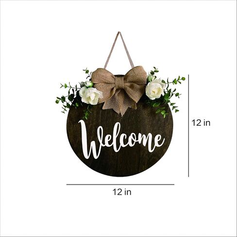 MayAvenue Home Sweet Home أكاليل ديكور لافتة الباب الأمامي، لافتة معلقة خشبية مستديرة مع شريط فيونكة وأوراق خضراء صناعية، ديكورات شرفة المزرعة لعيد الشكر المنزلي، بني in Kuwait