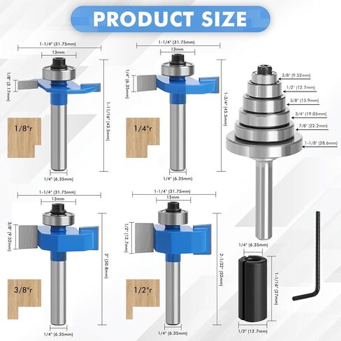 4 قطع لقم توجيه أرنب ساق 1/4 بوصة مع مجموعة محامل 6 (1/16 بوصة، 1/8 بوصة، 3/16 بوصة، 1/4 بوصة، 5/16 بوصة، 3/8 بوصة محامل) لحز الخشب، قابلة للتبديل محامل مع كوليه توجيه 1/2 بوصة إلى 1/4 بوصة in Kuwait