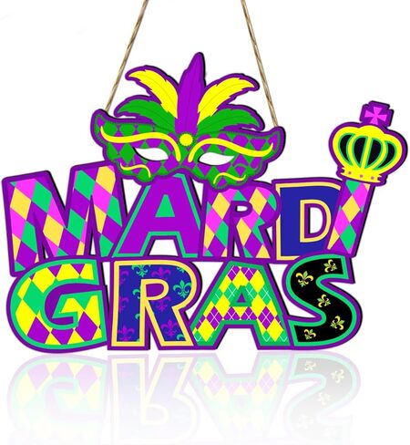 Mardi Gras Party Decorations Hanging Sign, Mardi Gras Wooden Door Sign Wreath Garland for Carnival New Orleans Masquerade Mardi Gras Party Favors Supplies Indoor Outdoor 13.8x10 Inch in Kuwait