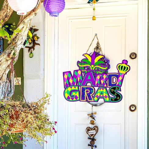 Mardi Gras Party Decorations Hanging Sign, Mardi Gras Wooden Door Sign Wreath Garland for Carnival New Orleans Masquerade Mardi Gras Party Favors Supplies Indoor Outdoor 13.8x10 Inch in Kuwait