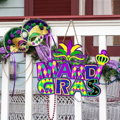 Mardi Gras Party Decorations Hanging Sign, Mardi Gras Wooden Door Sign Wreath Garland for Carnival New Orleans Masquerade Mardi Gras Party Favors Supplies Indoor Outdoor 13.8x10 Inch in Kuwait