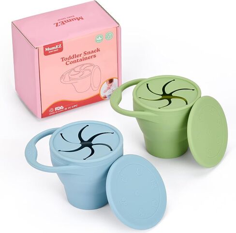 MumEZ Snack Cups for Toddlers, 2Pack Baby Snack Pots Food Grade Silicone Snack Cups, Spill-Proof Tops for Toddlers and Babies, Snack Spinner, Toddler Snack Pot in Saudi Arabia