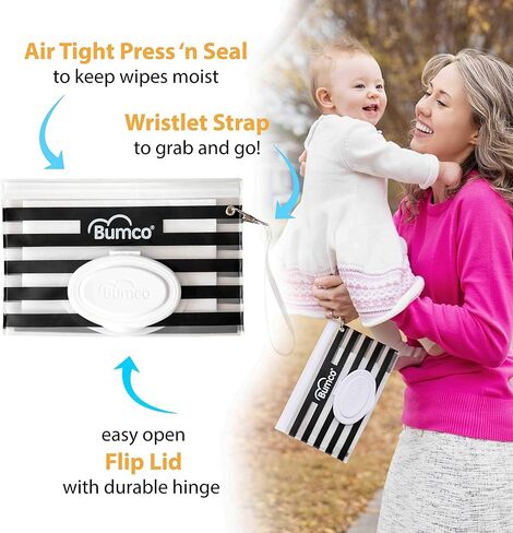 Bumco Reusable Travel Baby Wipes Case and Refillable Dispenser (Black) | Airtight refillable container keeps wet wipes moist. Portable diaper bag organizer and carrying clutch. Unique baby gift. in Saudi Arabia