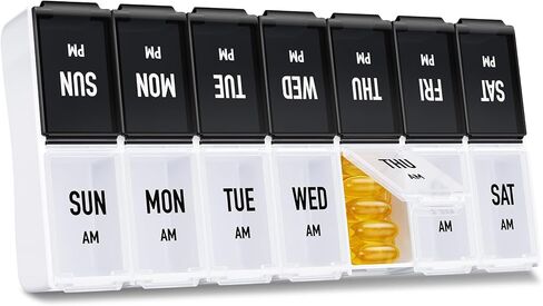 PULIV Large Pill Organizer 2 Times a Day, Weekly Pill Box, AM PM Pill Case in White & Black for Visual Date Indication, Easy to Use Medicine Organizer to Hold Vitamins, Supplements, Fish Oils in Kuwait
