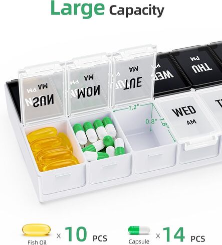 PULIV Large Pill Organizer 2 Times a Day, Weekly Pill Box, AM PM Pill Case in White & Black for Visual Date Indication, Easy to Use Medicine Organizer to Hold Vitamins, Supplements, Fish Oils in Kuwait
