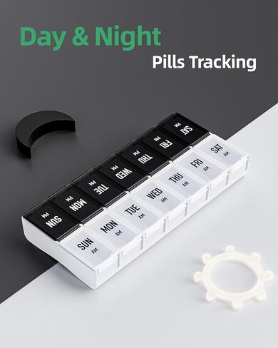 PULIV Large Pill Organizer 2 Times a Day, Weekly Pill Box, AM PM Pill Case in White & Black for Visual Date Indication, Easy to Use Medicine Organizer to Hold Vitamins, Supplements, Fish Oils in Kuwait