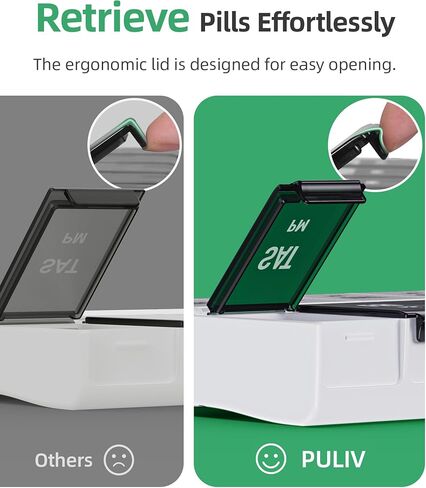 PULIV Large Pill Organizer 2 Times a Day, Weekly Pill Box, AM PM Pill Case in White & Black for Visual Date Indication, Easy to Use Medicine Organizer to Hold Vitamins, Supplements, Fish Oils in Kuwait