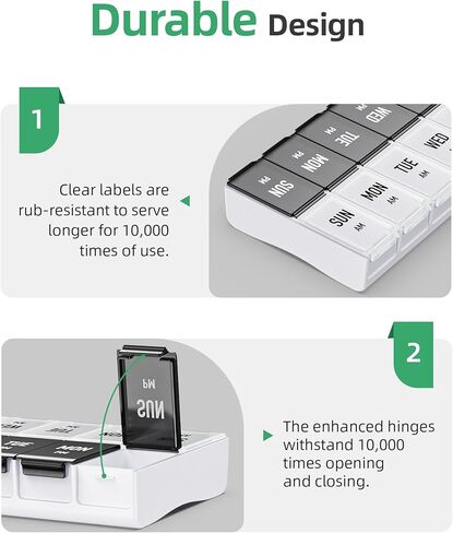 PULIV Large Pill Organizer 2 Times a Day, Weekly Pill Box, AM PM Pill Case in White & Black for Visual Date Indication, Easy to Use Medicine Organizer to Hold Vitamins, Supplements, Fish Oils in Kuwait