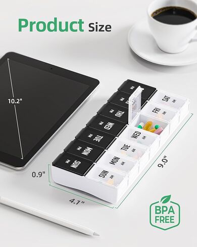 PULIV Large Pill Organizer 2 Times a Day, Weekly Pill Box, AM PM Pill Case in White & Black for Visual Date Indication, Easy to Use Medicine Organizer to Hold Vitamins, Supplements, Fish Oils in Kuwait