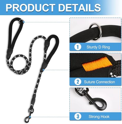 مقود الكلاب SuplutuX بطول 6 أقدام | مقود الكلب بمقبضين | مقابض مبطنة مريحة | متين | خياطة عاكسة | مقود للكلاب بمقبض مزدوج للكلاب الكبيرة والمتوسطة والصغيرة (6 أقدام) باللون الأسود in Kuwait