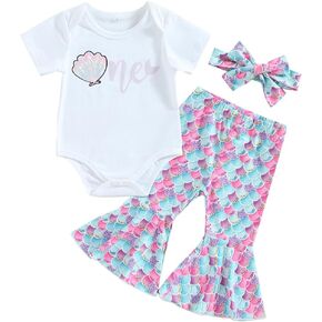 Baby Girl First Birthday Outfit Short Sleeve Romper Top Flare Pants Headband 3Pcs Cake Smash Clothes