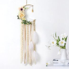 Dremisland Boho Dream Catchers Boho جدار ديكور ريشة الدانتيل الزهور حلم الماسك الأزهار الخضراء الجدار شنقا للفتيات الأطفال الحضانة غرفة نوم جدار ديكور الزفاف الديكور الحلي الحرفية (زهرة القمر) in Kuwait