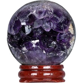 TUMBEELLUWA Amethyst Druzy Geode Gemstone Ball with Wood Stand Healing Natural Crystal Sphere Ball for Divination Home Office Decor, 1.57-1.97 inches in Kuwait