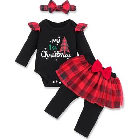 زي طفلة عيد الميلاد الأول بأكمام طويلة، سروال تنورة من التل مع عصابة رأس لعيد الميلاد للأطفال in Kuwait