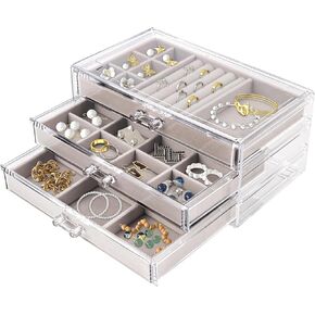 Hmdivor Acrylic Jewelry Organizer with 3 Drawers, Jewelry Organizer Drawer with Velvet Trays, Earring Jewelry Organizer for Jewelry Storage and Display Gift for Women(Grey)