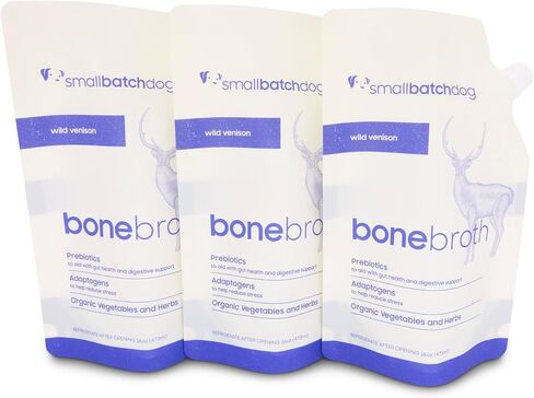 مرق العظام الثابت على الرف للحيوانات الأليفة من سمولباتش، 3 عبوات، 16 أونصة سائلة لكل كيس (إجمالي 48 أونصة سائلة)، وصفة لحم الغزال، غطاء علوي للكلاب والقطط in Kuwait