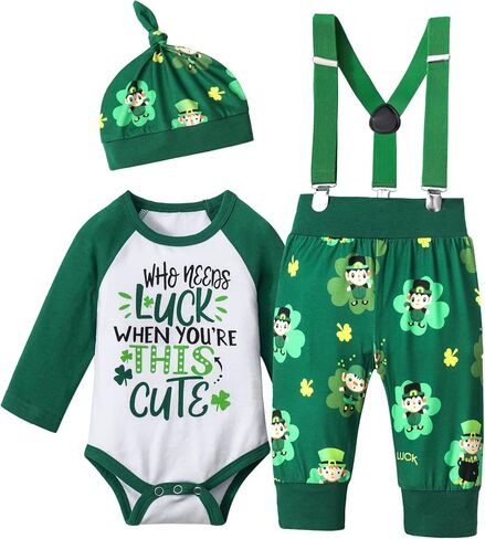 طقم ملابس Queenstyle St Patricks Day Baby Boy رومبير أخضر + سروال الحمالات مع قبعة مكون من 3 قطع in Kuwait