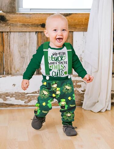 طقم ملابس Queenstyle St Patricks Day Baby Boy رومبير أخضر + سروال الحمالات مع قبعة مكون من 3 قطع in Kuwait