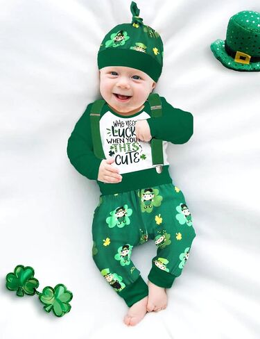 طقم ملابس Queenstyle St Patricks Day Baby Boy رومبير أخضر + سروال الحمالات مع قبعة مكون من 3 قطع in Kuwait