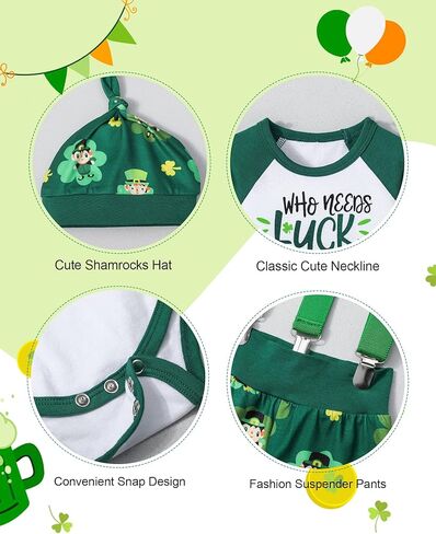 طقم ملابس Queenstyle St Patricks Day Baby Boy رومبير أخضر + سروال الحمالات مع قبعة مكون من 3 قطع in Kuwait