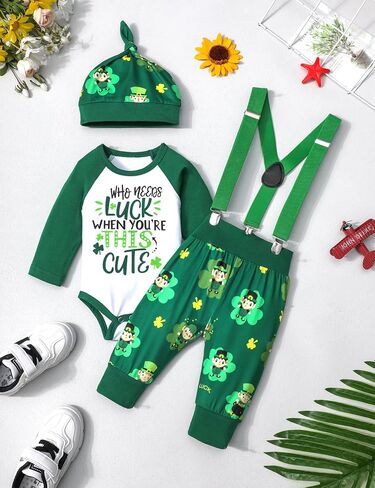 طقم ملابس Queenstyle St Patricks Day Baby Boy رومبير أخضر + سروال الحمالات مع قبعة مكون من 3 قطع in Kuwait