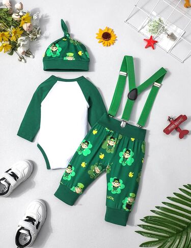طقم ملابس Queenstyle St Patricks Day Baby Boy رومبير أخضر + سروال الحمالات مع قبعة مكون من 3 قطع in Kuwait