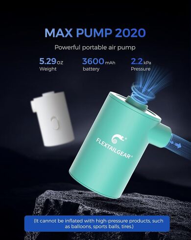 مضخة هواء محمولة FLEXTAILGEAR MAX 2020 مع بطارية 3600 مللي أمبير قابلة لإعادة الشحن عبر USB - نفخ سريع وتفريغ للمراتب الهوائية/ألعاب حمام السباحة في السرير، والعوامات، وحلقة السباحة، وأكياس تخزين المكنسة الكهربائية in Kuwait