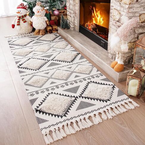Chicrug 2x3 Runner Rug for Bedroom Bedside, Geometric Washable Doormat Hallway Runner Carpet for Bathroom Laundry Kitchen Room, Farmhouse Woven Tassel Room Decor Throw Rug, Cream/Black in Kuwait