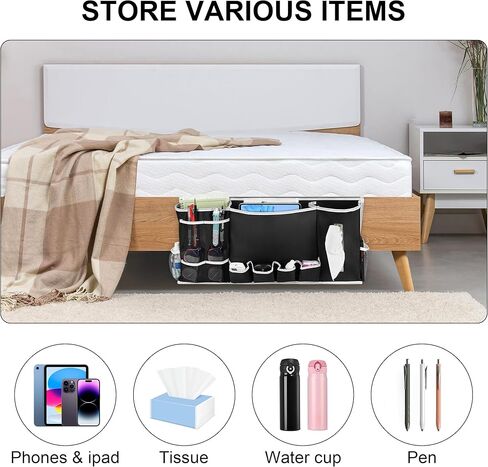 علبة بجانب السرير مكونة من 14 جيبًا من Coastal Rose، علبة تنظيم تخزين بجانب السرير، حقيبة هاتف جانبية للسرير، جيب معلق منظم للسرير لزجاجات المياه والمجلات والهاتف والنظارات، رمادي in Kuwait