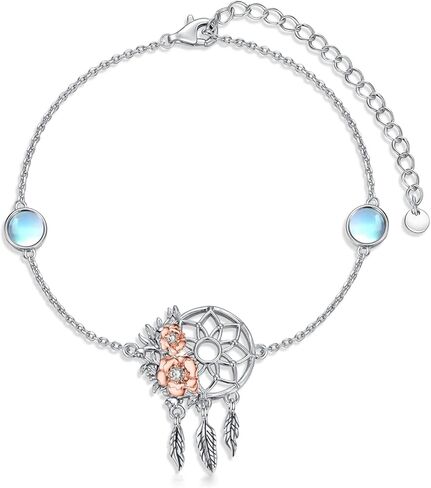 MBSUUH Dream Catcher Bracelet 18K White/Yellow Gold Plated S925 Silver Moonstone/Birthstone Rose Flower Dreamcatcher Jewelry Birthday Gifts for Women Wife Mom in Kuwait
