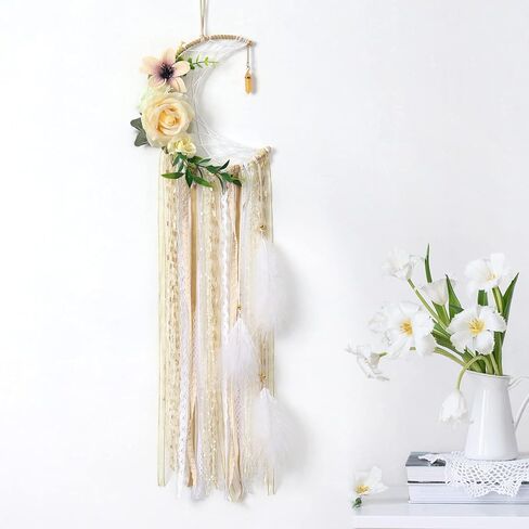 Dremisland Boho Dream Catchers Boho جدار ديكور ريشة الدانتيل الزهور حلم الماسك الأزهار الخضراء الجدار شنقا للفتيات الأطفال الحضانة غرفة نوم جدار ديكور الزفاف الديكور الحلي الحرفية (زهرة القمر) in Kuwait