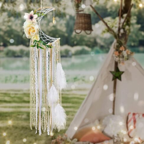 Dremisland Boho Dream Catchers Boho جدار ديكور ريشة الدانتيل الزهور حلم الماسك الأزهار الخضراء الجدار شنقا للفتيات الأطفال الحضانة غرفة نوم جدار ديكور الزفاف الديكور الحلي الحرفية (زهرة القمر) in Kuwait