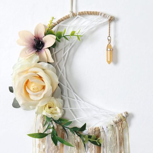 Dremisland Boho Dream Catchers Boho جدار ديكور ريشة الدانتيل الزهور حلم الماسك الأزهار الخضراء الجدار شنقا للفتيات الأطفال الحضانة غرفة نوم جدار ديكور الزفاف الديكور الحلي الحرفية (زهرة القمر) in Kuwait