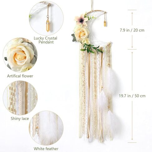 Dremisland Boho Dream Catchers Boho جدار ديكور ريشة الدانتيل الزهور حلم الماسك الأزهار الخضراء الجدار شنقا للفتيات الأطفال الحضانة غرفة نوم جدار ديكور الزفاف الديكور الحلي الحرفية (زهرة القمر) in Kuwait