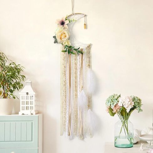 Dremisland Boho Dream Catchers Boho جدار ديكور ريشة الدانتيل الزهور حلم الماسك الأزهار الخضراء الجدار شنقا للفتيات الأطفال الحضانة غرفة نوم جدار ديكور الزفاف الديكور الحلي الحرفية (زهرة القمر) in Kuwait