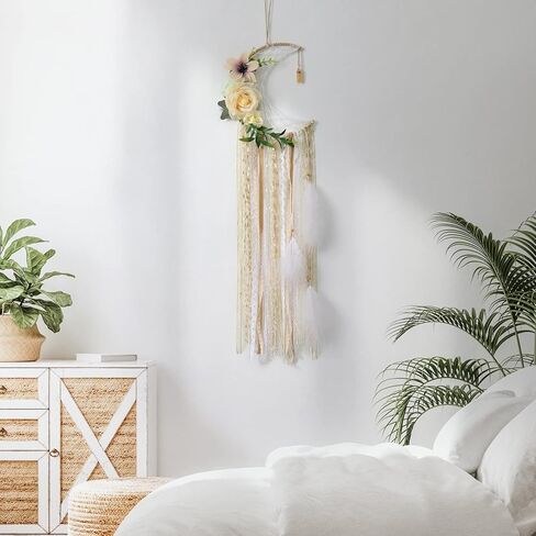 Dremisland Boho Dream Catchers Boho جدار ديكور ريشة الدانتيل الزهور حلم الماسك الأزهار الخضراء الجدار شنقا للفتيات الأطفال الحضانة غرفة نوم جدار ديكور الزفاف الديكور الحلي الحرفية (زهرة القمر) in Kuwait