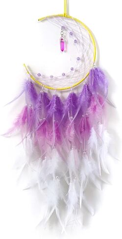 صائدة الاحلام من سويزو، صائد احلام على شكل قمر مع قلادة تركواز، ريشة ارجوانية مصنوعة يدويا لديكور الحائط لغرفة نوم الاطفال والبنات والبالغين، هدية زينة معلقة in Kuwait