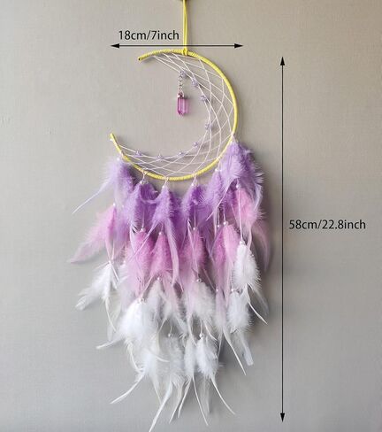 صائدة الاحلام من سويزو، صائد احلام على شكل قمر مع قلادة تركواز، ريشة ارجوانية مصنوعة يدويا لديكور الحائط لغرفة نوم الاطفال والبنات والبالغين، هدية زينة معلقة in Kuwait