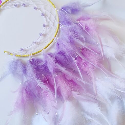 صائدة الاحلام من سويزو، صائد احلام على شكل قمر مع قلادة تركواز، ريشة ارجوانية مصنوعة يدويا لديكور الحائط لغرفة نوم الاطفال والبنات والبالغين، هدية زينة معلقة in Kuwait