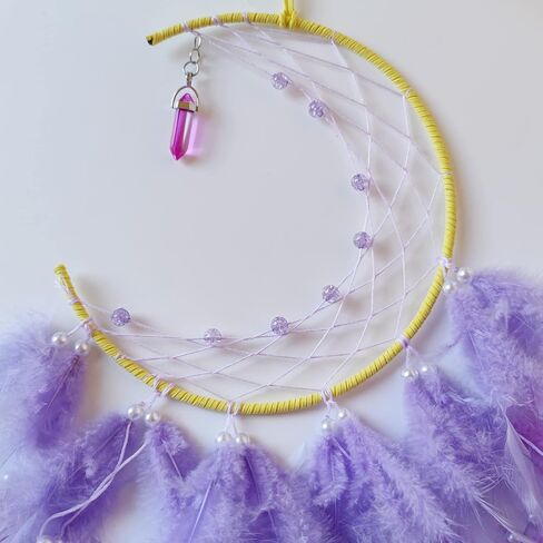 صائدة الاحلام من سويزو، صائد احلام على شكل قمر مع قلادة تركواز، ريشة ارجوانية مصنوعة يدويا لديكور الحائط لغرفة نوم الاطفال والبنات والبالغين، هدية زينة معلقة in Kuwait