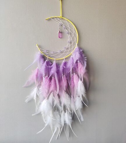 صائدة الاحلام من سويزو، صائد احلام على شكل قمر مع قلادة تركواز، ريشة ارجوانية مصنوعة يدويا لديكور الحائط لغرفة نوم الاطفال والبنات والبالغين، هدية زينة معلقة in Kuwait