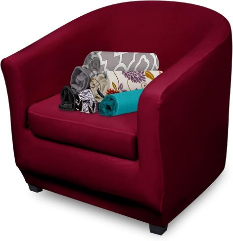 FIGOOO 2 Piece Club Chair Slipcover Stretch Tub Chair Covers Spandex Club Armchair Covers with Cushion Cover Printed Universal Round Barrel Chair Covers for Livining Room Counter,Burgundy in Kuwait