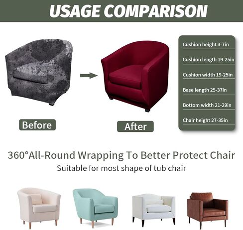 FIGOOO 2 Piece Club Chair Slipcover Stretch Tub Chair Covers Spandex Club Armchair Covers with Cushion Cover Printed Universal Round Barrel Chair Covers for Livining Room Counter,Burgundy in Kuwait